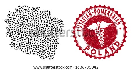 Vector mosaic Kuyavian-Pomeranian Voivodeship map and red rounded grunge stamp watermark with medical sign. Kuyavian-Pomeranian Voivodeship map collage formed with elliptic spots.