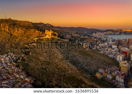 Aerial view of Cullera castle Valencia province Spain during a winter sunset