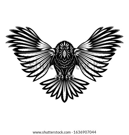 The vector image of an eagle with open wings. Knight totem of black falcon. Heraldic hawk. Bird of prey. Tribal animals tattoo. Illustrations for t shirt print. Drawing for design.