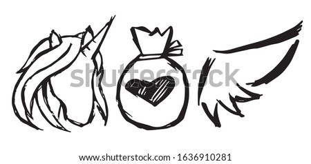 Vector Illustration of Set or Collection of Unicorn Magical Horse, Heart Love Shape, and Angel Wings.