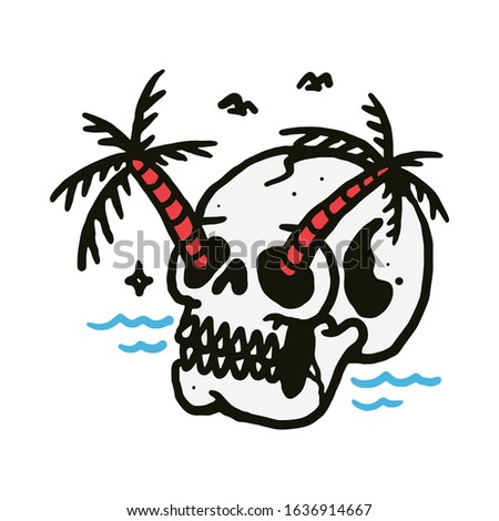 Skull Summer Beach Line Graphic Illustration Vector Art T-shirt Design