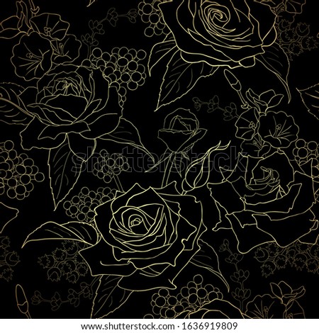 Abstract elegance seamless pattern with roses. Gold flower on black background.Abstract  pattern with floral motifs. Idea for material, scarf, fabric, textile, wallpaper, wrapping paper. Vector