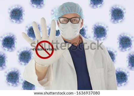 2019 Novel Coronavirus. 2019-nCoV. Wuhan, China 2019 Novel Coronavirus. Doctor with Latex Glove with NO CORONAVIRUS logo on the palm. Isolated on white. Room for text. Clipping Path. Warning Sign.