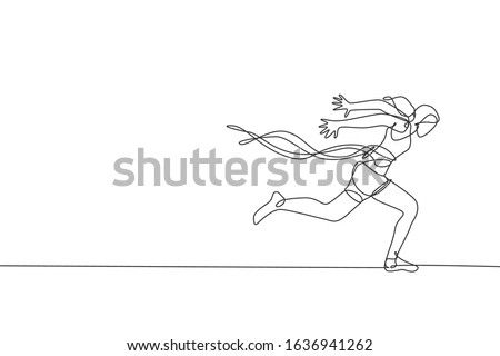 One single line drawing of young energetic woman runner crosses finish line and break the tap vector illustration. Healthy sport concept. Modern continuous line draw design for running race banner