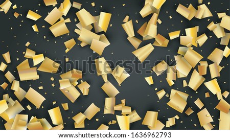Golden Confetti Falling on Black Backdrop. Festive Pattern. Holiday Decoration Elements on Universal Background. Trendy Modern Luxury Template. Vector Background with Many Golden Confetti.