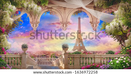 Beautiful view from the  flower-covered balcony to the Eiffel tower and pink sunset. Digital collage , mural and fresco. Wallpaper. Poster design. Modular panno.