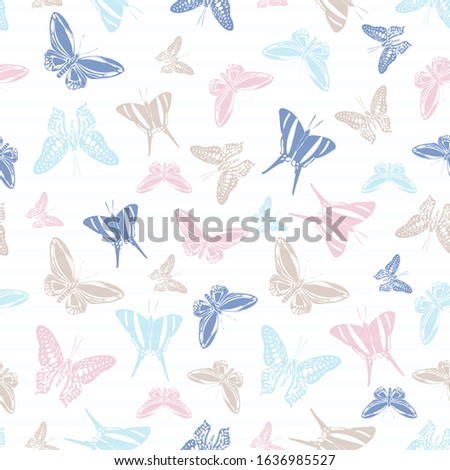 Flying pretty butterfly silhouettes over horizontal stripes vector seamless pattern. Baby clothing textile print design. Stripes and butterfly winged insect silhouettes seamless illustration.