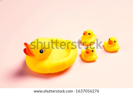 Rubber ducks family on a pink background. Baby rubber duckling follow the mother duck. 