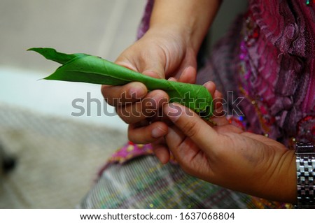close up picture of hands holding demban (betel leaf) on traditional ceremony of ethnic Simalungun in Indonesia. 