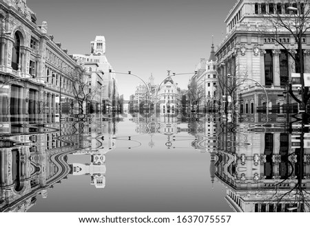 The beginning of the end,  climate change does not exist, phrase of D.Trump, dystopian photography black and white photograph of Madrid Alcalá Street, Spain, flooded by the rising sea waters,