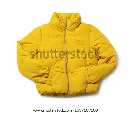 Yellow warm women's jacket isolated on white, top view