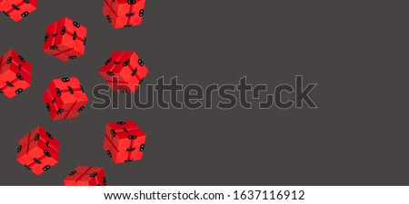Three-dimensional pattern of red 3d cubes.Cubes flying in the air, isolated on a gray background. The concept of object levitation. Banner, place to copy. Logical thinking. Anti-stress toys.