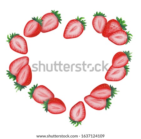 Hand Drawn Watercolor Heart Shaped Strawberry Wreath. Red Berry Heart Isolated on White Background