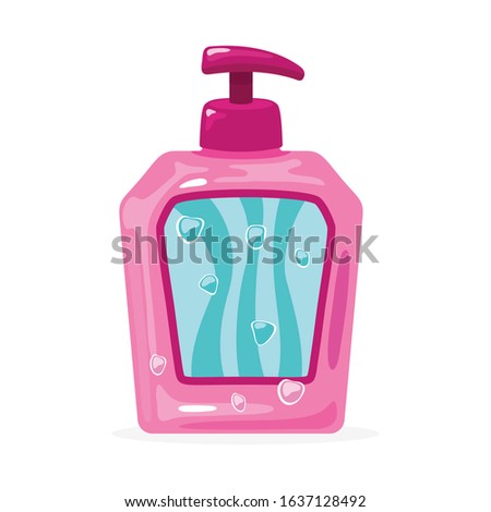 Pink bottle with pump and blue label. Rose template, mockup plastic packing for shampoo, hair conditioner, balm, liquid soap, body cream, lotion. Vector cartoon illustration isolated on white.