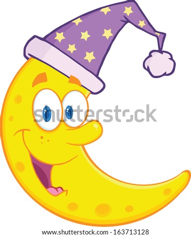 Smiling Cute Moon With Sleeping Hat Cartoon Mascot Character. Raster Illustration Isolated on white
