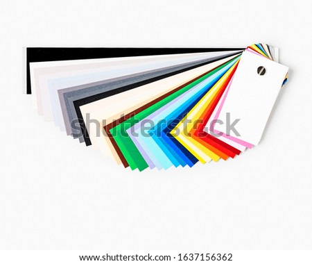 Color paper samples isolated on white background clipping path included. Photograph studio backdrop cardstock. Design element. Flat lay, top view