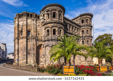 The Black gate is a large Roman city gate in Trier, Germany. It is designated as part of the Roman Monuments, Cathedral of St Peter and Church of Our Lady in Trier UNESCO World Heritage Site. Royalty-Free Stock Photo #1637162431