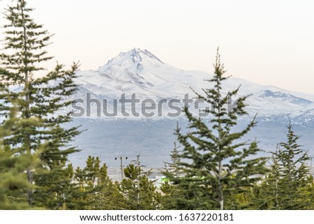 Green pine trees and Erciyes mountain top are snowy