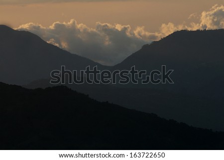 Cloud forest Sunset, Mirador de Quetzales, Costa Rica Royalty-Free Stock Photo #163722650