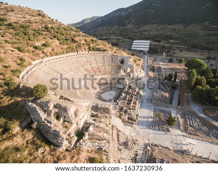 Ephesus theater from above. Drone view of Ephesus ancient city.