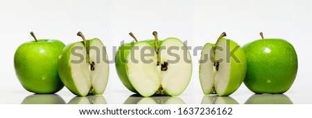 Group of ripe green apples and green apple slice isolated on white background.Set of Green apples and apple cut.High resolution Photo.