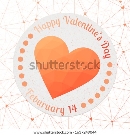 Valentine Day Badge. Geometric heart on peach mesh network backgound, peach polygons. Amazing digital style vector illustration.