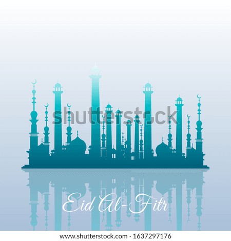 Islamic Background with Beautiful Mosques and Reflection Style. Eid Al-Fitr Design with Sky Blue Color