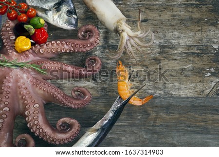 Arranged composition of octopus, sepia, shrimp, eels and fish on a natural wooden background with free advertising space.