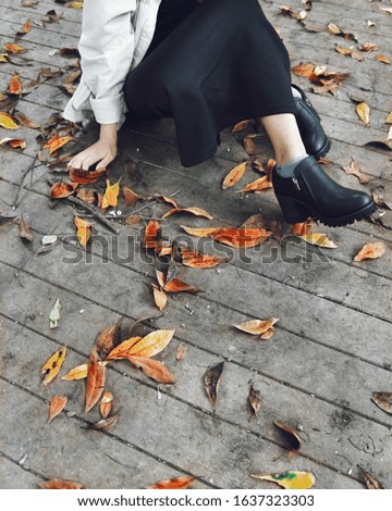 Casual leather shoes with colorful autumn fallen leaves on a wooden background. The concept of autumn season, autumn fashion, trendy lifestyle. Autumn mood, background.
