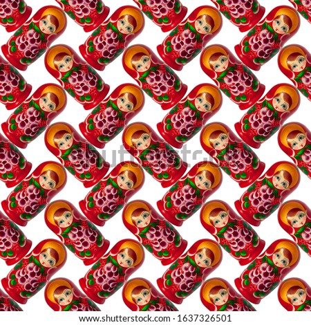 Seamless pattern of matreshka nesting dolls on white background isolated, red matrioska ornament wallpaper, beautiful matryoshka backdrop, russian national art souvenir, russia traditional style decor