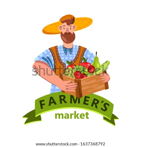 Vector illustration with farmer in a hat holding a box with fruit and vegetables. Bearded smiling rancher with his harvest. Logo in cartoon style for farm markets, organic products shops, packages