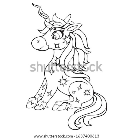 Cute magical unicorn. Vector design isolated on white background. Romantic hand drawing illustration for children. Coloring picture.