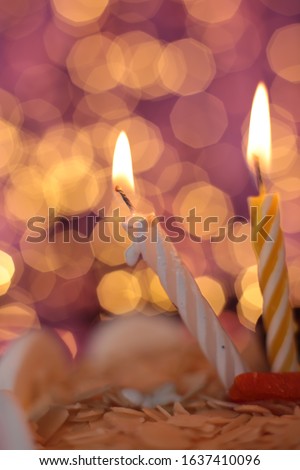 Burning candle in the cake festive bright background
