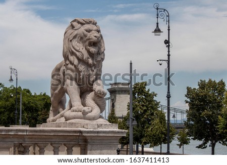 Guardian stone lion statue in the historical Buda Castle Garden Bazaar, a Neo-Renaissance architectural complex, with River Danube and Chain Bridge in the background in Budapest, Hungary, Europe. Royalty-Free Stock Photo #1637411413