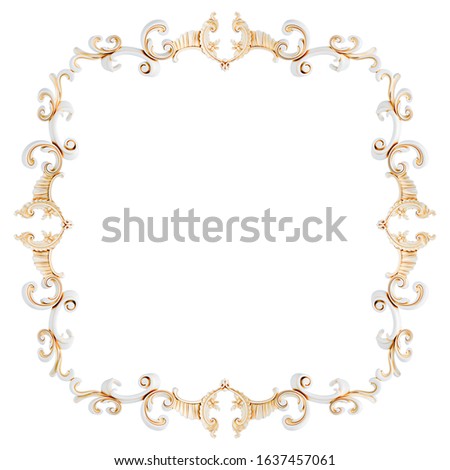 White ornament frame with gold patina on a white background. Isolated. 3D illustration