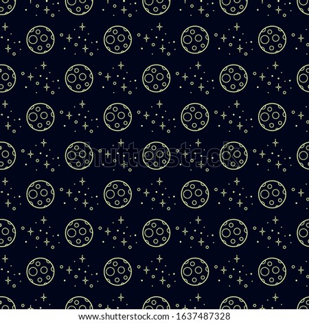 Night Sky. Outline Thin Line Stroke Moon and stars. Minimalistic icons. Neon color graphic vector seamless pattern. Simple design. Trendy illustration. Kids room Wallpaper or ceiling decoration