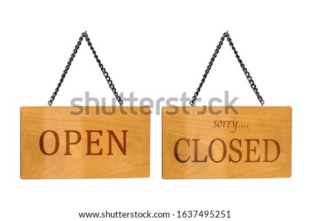 vintage wooden text open and closed sign isolate on white background.