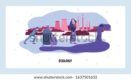 Unhappy family in polluted city with waste and power plant on background. Environmental pollution concept. Industry landscape. Vector web site design template. Landing page website illustration
