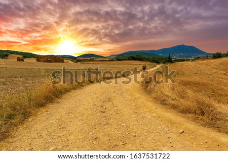 The sun at sunset on the road to Santiago de Navarra, Spain Royalty-Free Stock Photo #1637531722