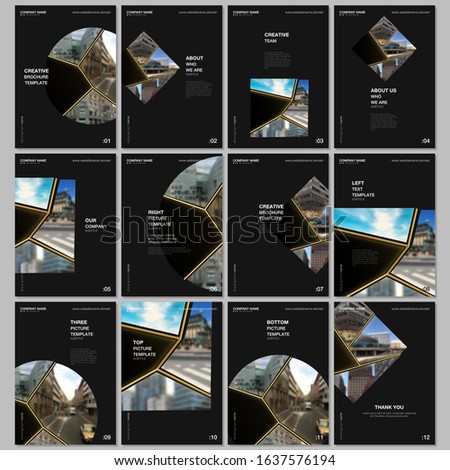 A4 brochure layout of covers design templates for flyer leaflet, A4 brochure design, presentation, book design. Abstract black and golden project with clipping mask, geometric shapes for your photo.
