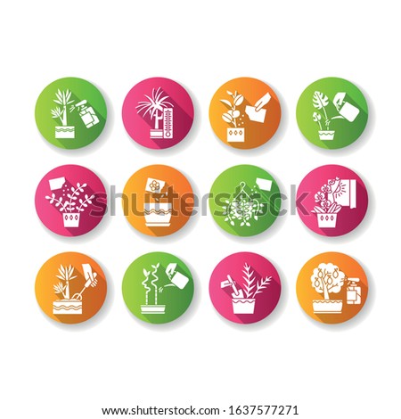 Houseplant caring flat design long shadow glyph icons set. Plant transplant. Seed planting. Watering, fertilizing. Fluffing. Temperature conditions. Spraying. Silhouette RGB color illustration