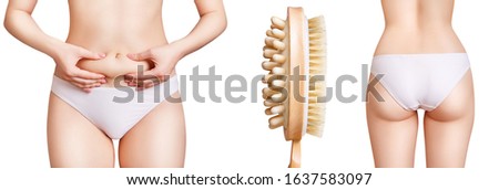 Collage of woman before and after slimming using a massage brush. Isolated on white background.
