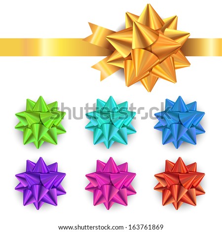 Set of gift bows with ribbons. Vector illustration. Yellow, green, blue, pink, violet, red Royalty-Free Stock Photo #163761869