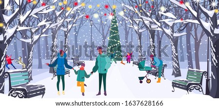 Family walking in New Year park. Parent with kid, Christmas tree, snow flat vector illustration. Winter holidays, vacation, leisure outside concept for banner, website design or landing web page
