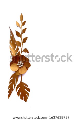 March 8 Women's Day card with gold paper flowers on isolated white background