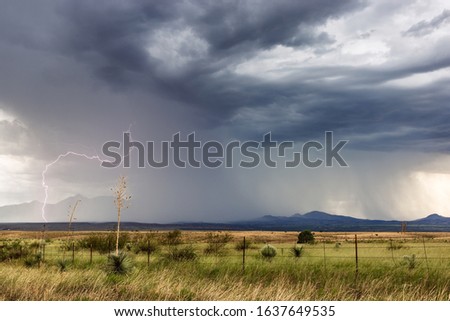 Thunderstorm with heavy rain and lightning bolt strike