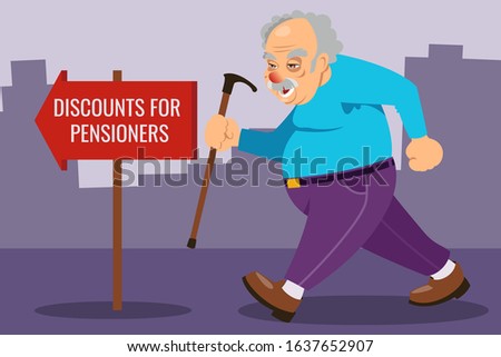 Old man person walking with stick. Vector character isolated on white background. Senior mature, old people active life. pensioner in a hurry after seeing discount information. Grandpa vector. Health 