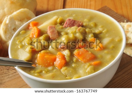 A bowl of split pea soup with ham Royalty-Free Stock Photo #163767749