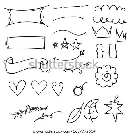 collection of Vintage decorative doodles. Hand drawn ribbon, outline arrows and doodle holidays cards decorations. Flower, heart, star and curved lines black ink ornate. Isolated vector symbols vector