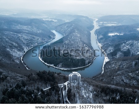 drone view of saarschleife in winter Royalty-Free Stock Photo #1637796988